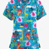 Butter-Soft Originals Jungle Party Turquoise Women's 7-Pocket Curved V-Neck Printed Scrub Top