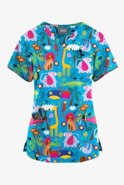 Butter-Soft Originals Jungle Party Turquoise Women's 7-Pocket Curved V-Neck Printed Scrub Top