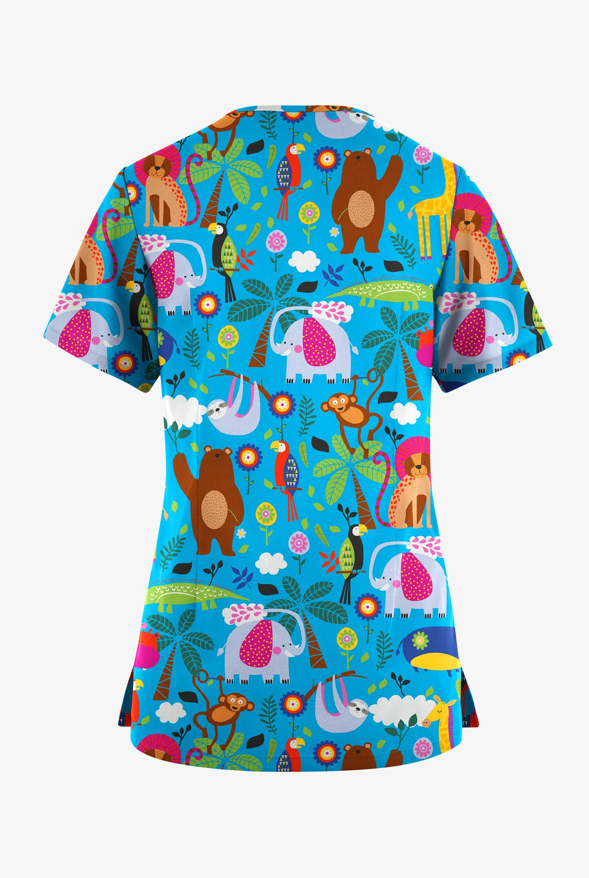 Butter-Soft Originals Jungle Party Turquoise Women's 7-Pocket Curved V-Neck Printed Scrub Top 2 Butter-Soft Originals Jungle Party Turquoise Women's 7-Pocket Curved V-Neck Printed Scrub Top - Image 2