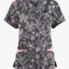 Butter-Soft Originals Linear Floral Pewter Women's 7-Pocket Curved V-Neck Printed Scrub Top