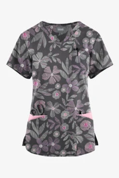 Butter-Soft Originals Linear Floral Pewter Women's 7-Pocket Curved V-Neck Printed Scrub Top