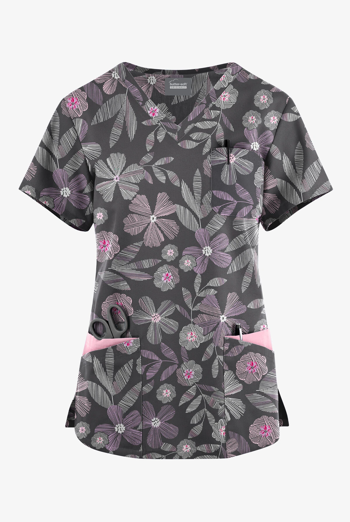 Butter-Soft Originals Linear Floral Pewter Women's 7-Pocket Curved V-Neck Printed Scrub Top 1 Butter-Soft Originals Linear Floral Pewter Women's 7-Pocket Curved V-Neck Printed Scrub Top