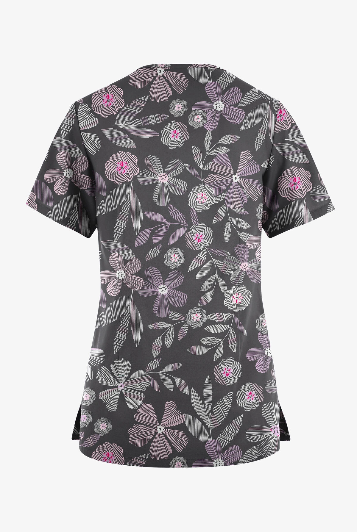 Butter-Soft Originals Linear Floral Pewter Women's 7-Pocket Curved V-Neck Printed Scrub Top 2 Butter-Soft Originals Linear Floral Pewter Women's 7-Pocket Curved V-Neck Printed Scrub Top - Image 2