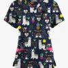 Butter-Soft Originals Llama Love Navy Women's 7-Pocket Curved V-Neck Printed Scrub Top