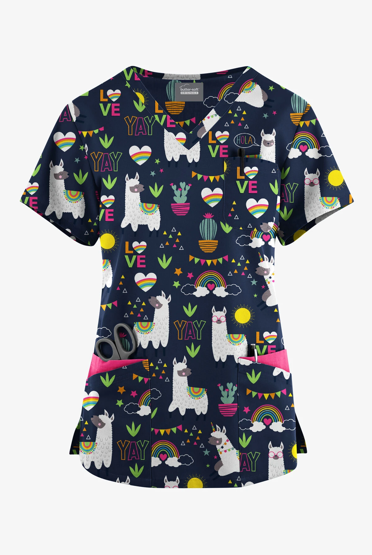 Butter-Soft Originals Llama Love Navy Women's 7-Pocket Curved V-Neck Printed Scrub Top 1 Butter-Soft Originals Llama Love Navy Women's 7-Pocket Curved V-Neck Printed Scrub Top