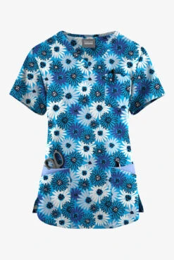 Butter-Soft Originals Pop Of Daisies Turquoise Women's 7-Pocket Curved V-Neck Printed Scrub Top