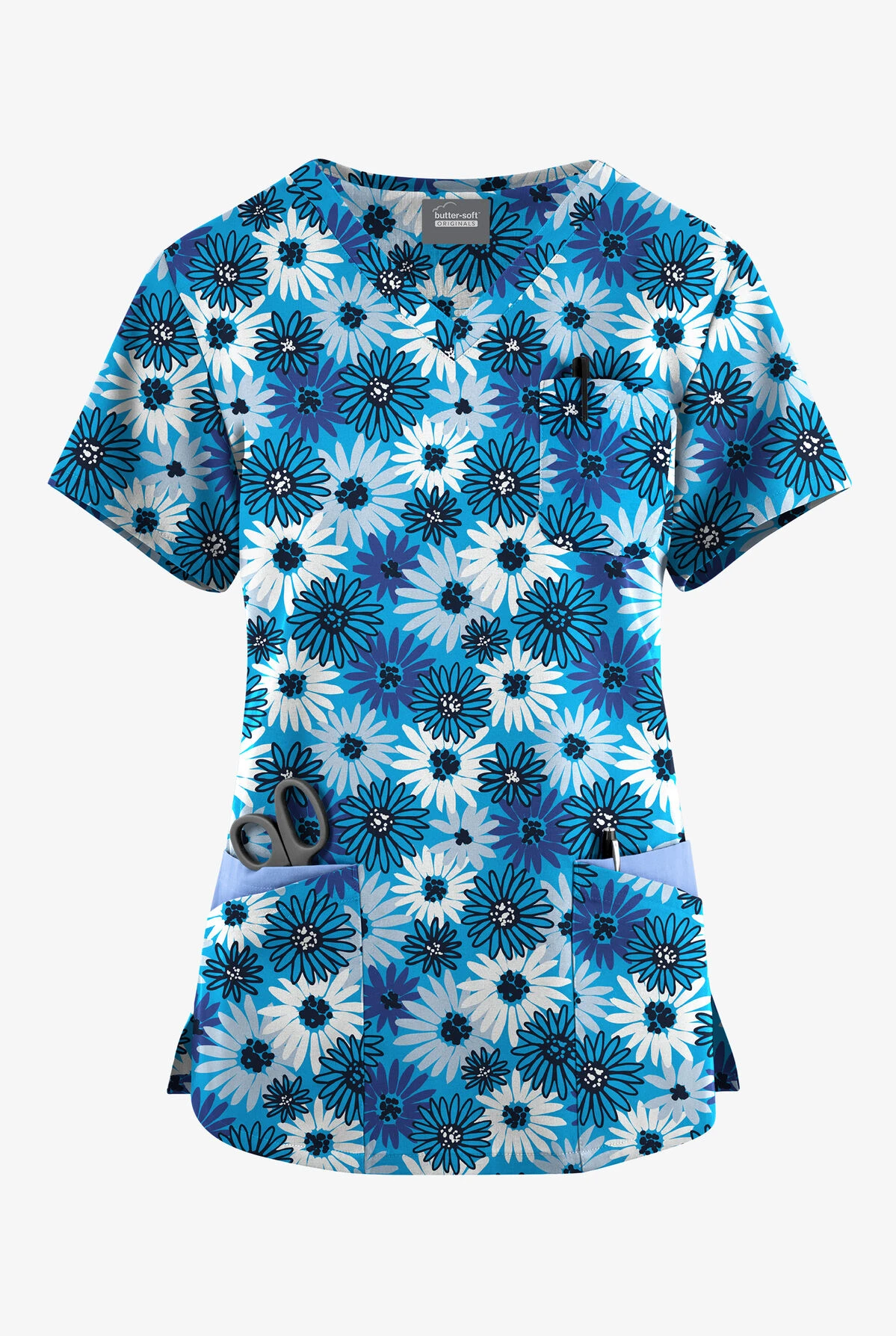 Butter-Soft Originals Pop Of Daisies Turquoise Women's 7-Pocket Curved V-Neck Printed Scrub Top 1 Butter-Soft Originals Pop Of Daisies Turquoise Women's 7-Pocket Curved V-Neck Printed Scrub Top
