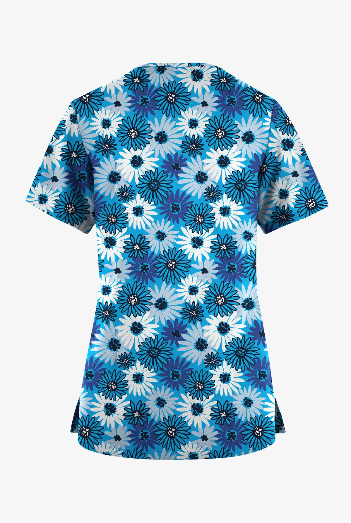Butter-Soft Originals Pop Of Daisies Turquoise Women's 7-Pocket Curved V-Neck Printed Scrub Top 2 Butter-Soft Originals Pop Of Daisies Turquoise Women's 7-Pocket Curved V-Neck Printed Scrub Top - Image 2
