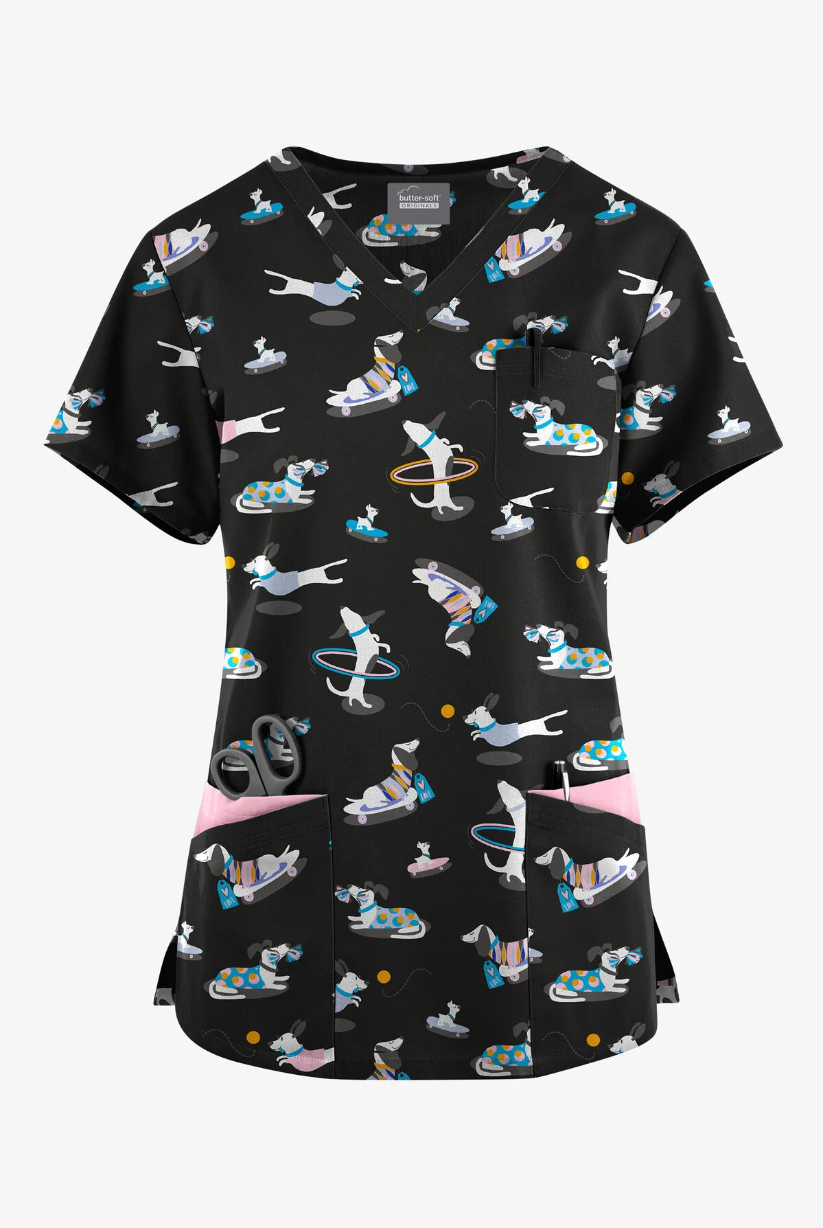 Butter-Soft Originals Playful Dachshunds Women's 7-Pocket Curved V-Neck Printed Scrub Top 1 Butter-Soft Originals Playful Dachshunds Women's 7-Pocket Curved V-Neck Printed Scrub Top