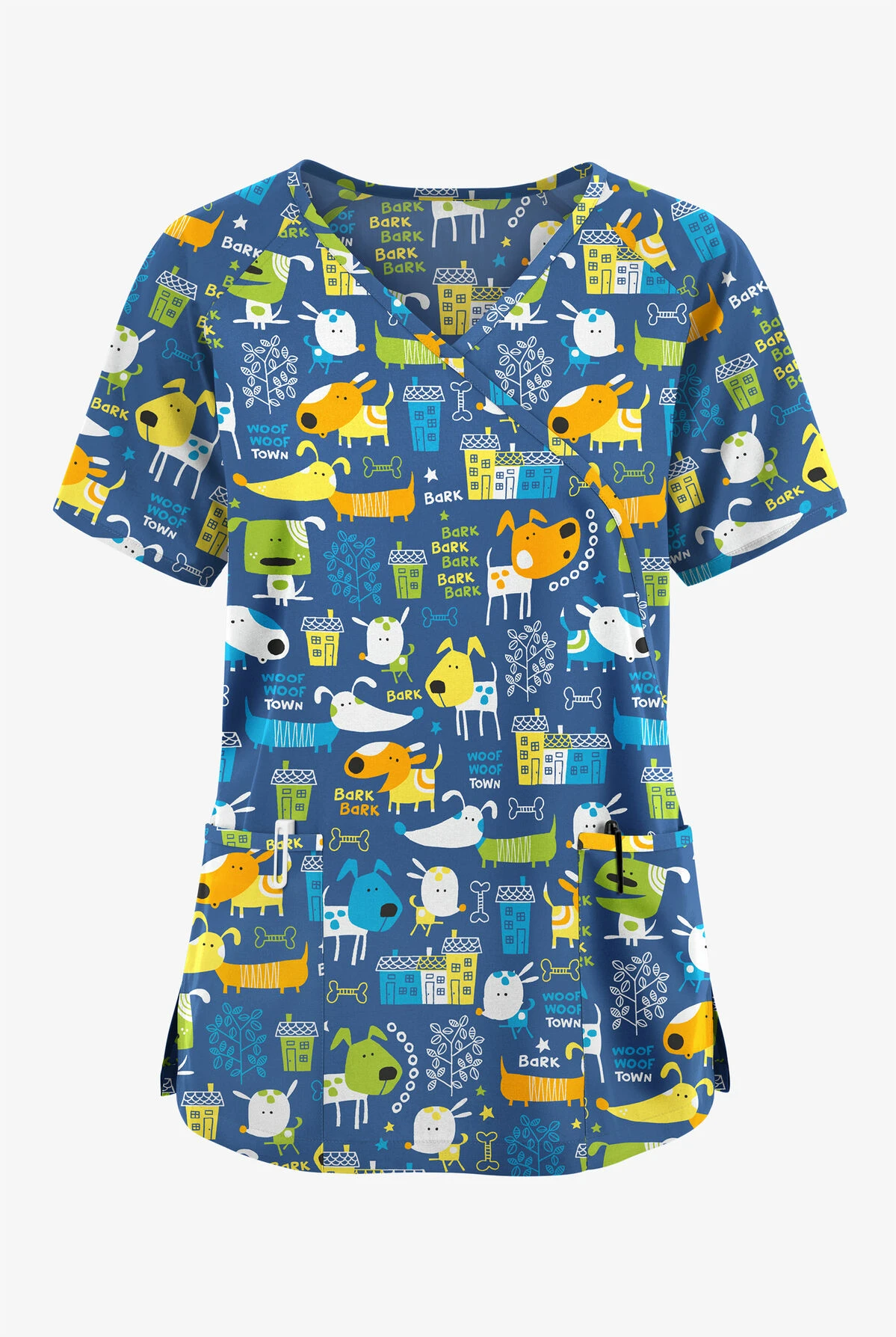 Butter-Soft Originals Bark Park Royal Women's 3-Pocket Mock Wrap With Ties Printed Scrub Top 1 Butter-Soft Originals Bark Park Royal Women's 3-Pocket Mock Wrap With Ties Printed Scrub Top