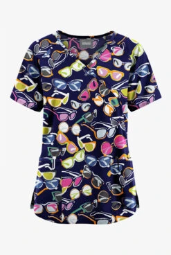 Butter-Soft Originals Fancy Shades Navy Women's 3-Pocket Mock Wrap With Ties Printed Scrub Top
