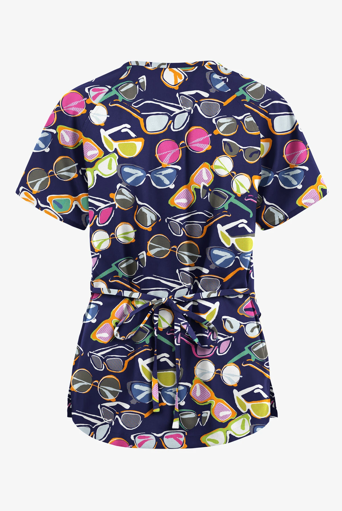 Butter-Soft Originals Fancy Shades Navy Women's 3-Pocket Mock Wrap With Ties Printed Scrub Top 2 Butter-Soft Originals Fancy Shades Navy Women's 3-Pocket Mock Wrap With Ties Printed Scrub Top - Image 2