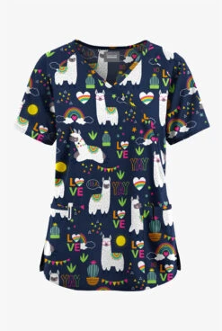 Butter-Soft Originals Llama Love Navy Women's 3-Pocket Mock Wrap With Ties Printed Scrub Top