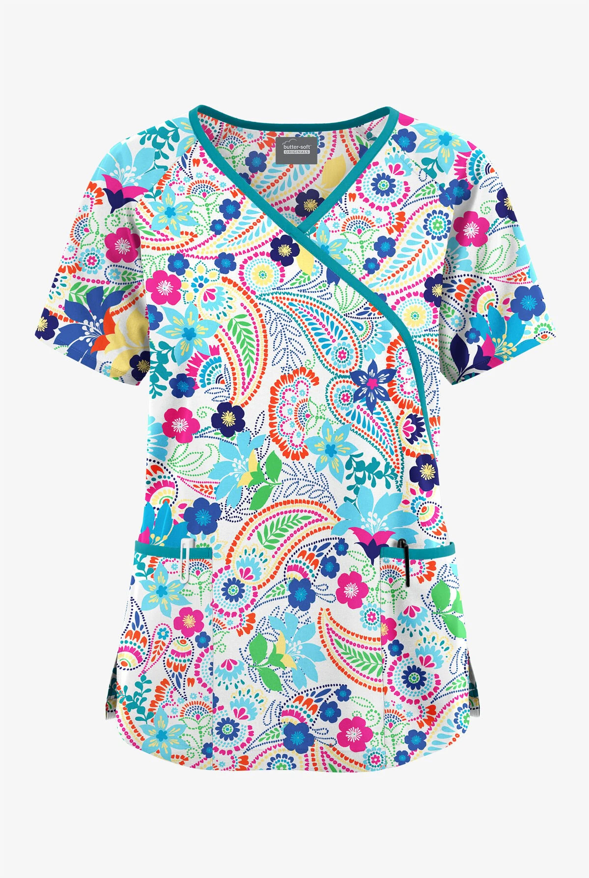 Butter-Soft Originals Royal Paisley Women's 3-Pocket Mock Wrap With Ties Printed Scrub Top 1 Butter-Soft Originals Royal Paisley Women's 3-Pocket Mock Wrap With Ties Printed Scrub Top