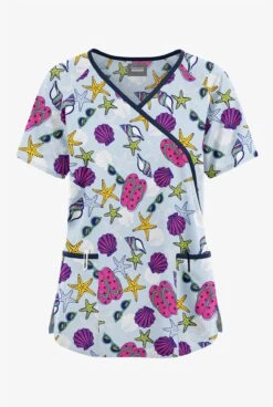 Butter-Soft Originals Walk On The Beach Dew Women's 3-Pocket Mock Wrap With Ties Printed Scrub Top
