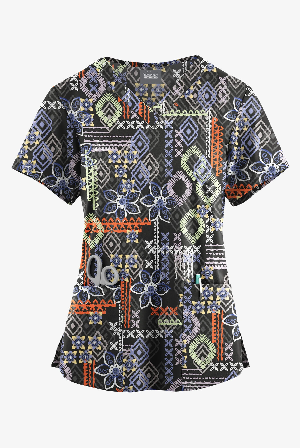 Butter-Soft Originals Floral Batik Women's 4-Pocket Rounded V-Neck Printed Scrub Top 1 Butter-Soft Originals Floral Batik Women's 4-Pocket Rounded V-Neck Printed Scrub Top