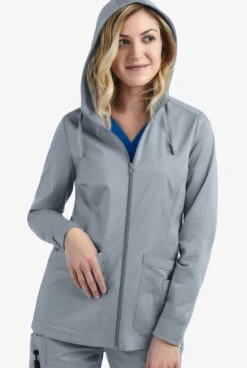 UA Butter-Soft STRETCH Women's 3-Pocket Zip-Front With Cozy Knit Hood And Trim Scrub Jacket -Clinic Love Style BSS512 SILVE 3 S