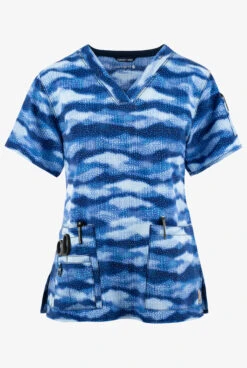 Carhartt Shibori Blues Watercolor Women's 5-Pocket STRETCH V-Neck Print Scrub Top