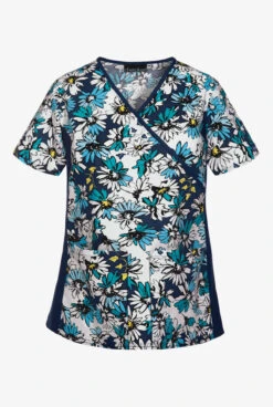 Cherokee Flexibles Bold Blooms Women's 2-Pocket Mock Wrap STRETCH Print Scrub Top