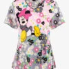 Cherokee Tooniforms Minnie Mouse Many Minnie Flowers Women's 3-Pocket STRETCH V-Neck Print Scrub Top