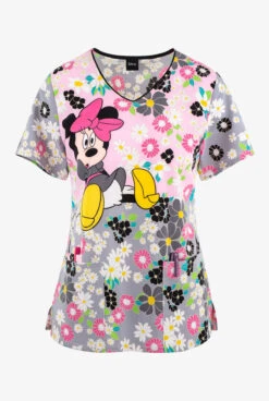 Cherokee Tooniforms Minnie Mouse Many Minnie Flowers Women's 3-Pocket STRETCH V-Neck Print Scrub Top
