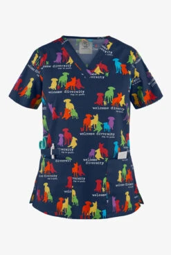 Cherokee Genuine Print Welcome Diversity Women's 2-Pocket V-Neck Print Scrub Top