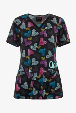 Cherokee Iflex Loving Glow Hearts Women's 4-Pocket STRETCH V-Neck Print Scrub Top