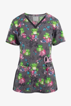 Cherokee Iflex Toad-ally Floral Friends Women's 4-Pocket STRETCH V-Neck Print Scrub Top