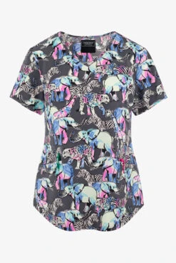 Cherokee Genuine Herd That Safari Animals Women's 2-Pocket STRETCH V-Neck Print Scrub Top