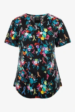 Cherokee Genuine Hopeful Bouquets Pink Ribbon Women's 2-Pocket STRETCH V-Neck Print Scrub Top