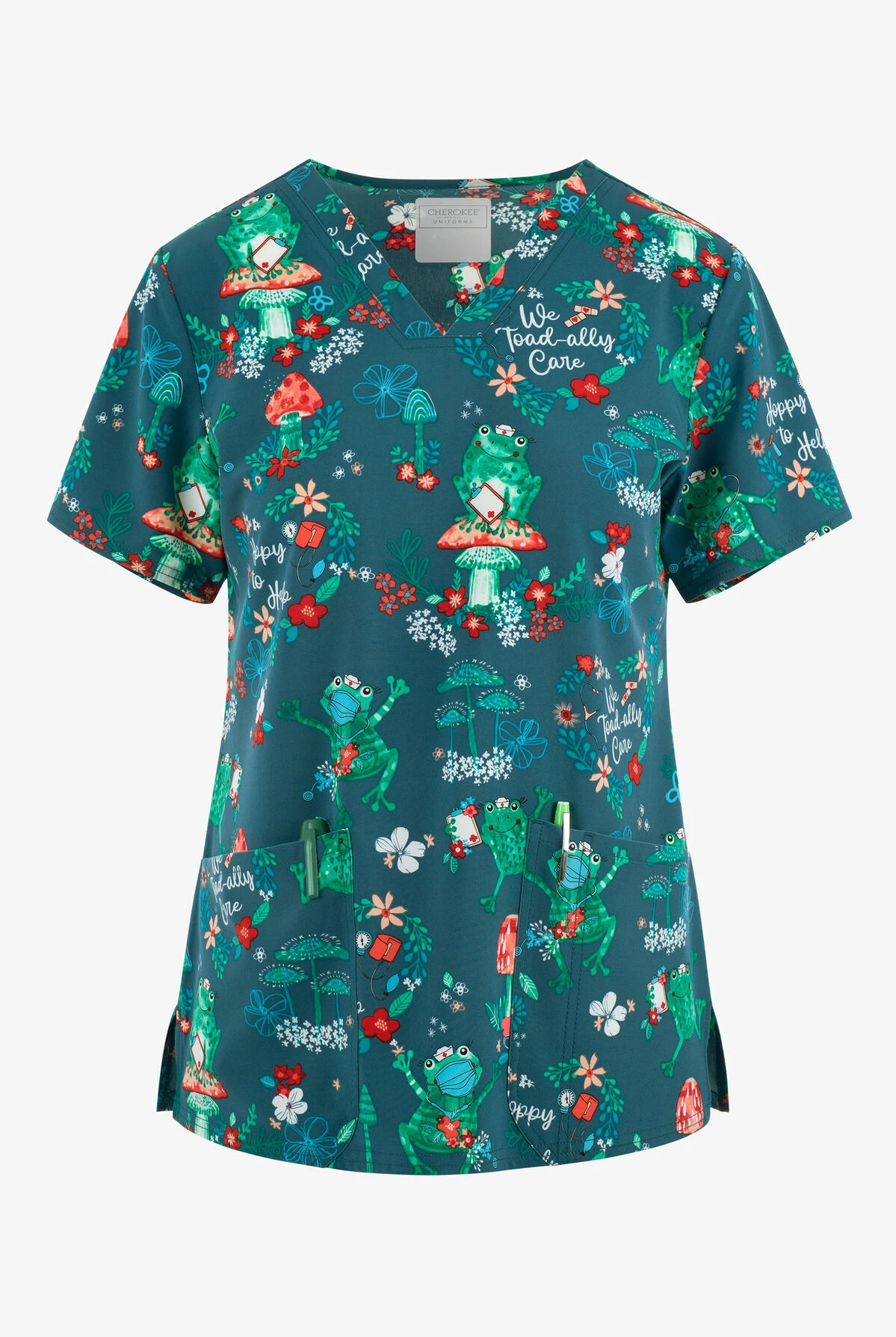 Cherokee Genuine Hoppy To Help Frogs Women's 2-Pocket STRETCH V-Neck Print Scrub Top 1 Cherokee Genuine Hoppy To Help Frogs Women's 2-Pocket STRETCH V-Neck Print Scrub Top