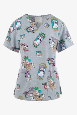 Cherokee Genuine Llama Take A Selfie Women's 2-Pocket STRETCH V-Neck Print Scrub Top