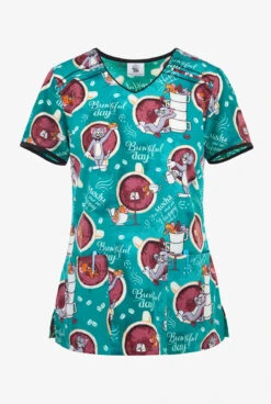Cherokee Tooniforms Tom And Jerry Mocha Me Happy Women's 2-Pocket STRETCH V-Neck Print Scrub Top