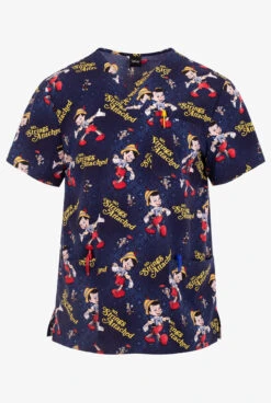 Cherokee Tooniforms Disney's Pinocchio No Strings Men's 3-Pocket STRETCH V-Neck Print Scrub Top