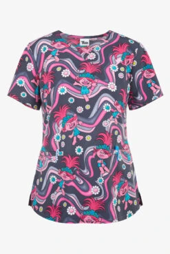 Cherokee Tooniforms Dreamworks Trollstopia Women's 3-Pocket STRETCH V-Neck Print Scrub Top