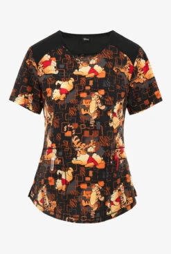 Cherokee Tooniforms Disney's Winnie The Pooh Tumble Around Women's 2-Pocket STRETCH V-Neck Print Scrub Top