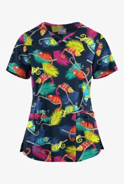 UA Butter-Soft STRETCH Chameleon Adventure Navy Women's 4-Pocket Crisscross Printed Scrub Top