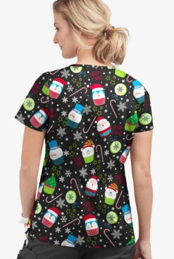 UA Butter-Soft STRETCH Christmas Treats Black Printed Women's 4-Pocket Crisscross Scrub Top -Clinic Love Style CS756CTBL 092823 3