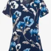 Green Town Blue Field Flowers Womens 3-Pocket STRETCH V-Neck Print Scrub Top