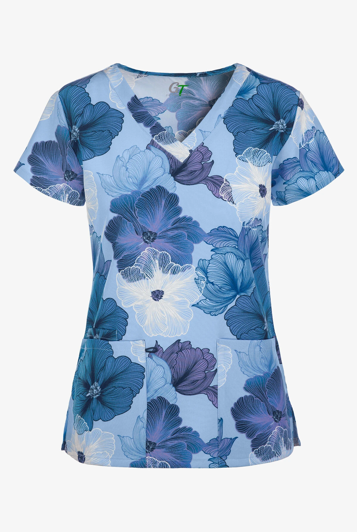 Green Town Blue Lined Floral Women's 3-Pocket STRETCH V-Neck Print Scrub Top 1 Green Town Blue Lined Floral Women's 3-Pocket STRETCH V-Neck Print Scrub Top