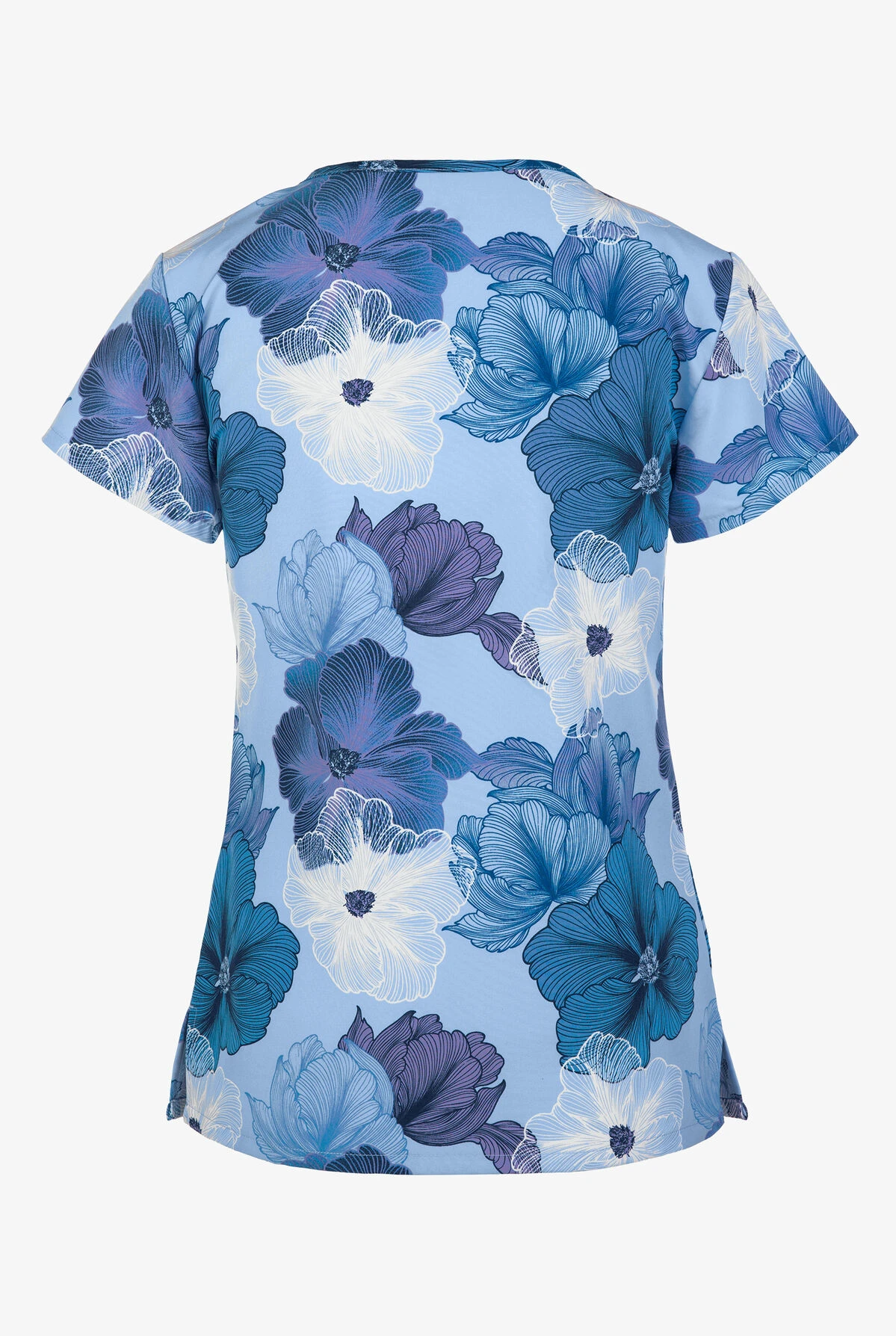 Green Town Blue Lined Floral Women's 3-Pocket STRETCH V-Neck Print Scrub Top 2 Green Town Blue Lined Floral Women's 3-Pocket STRETCH V-Neck Print Scrub Top - Image 2