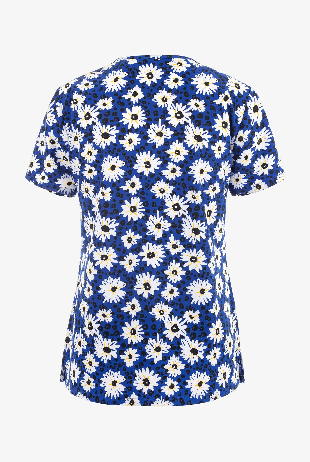 Green Town Daisy Blue Floral Women's 3-Pocket STRETCH V-Neck Print Scrub Top 2 Green Town Daisy Blue Floral Women's 3-Pocket STRETCH V-Neck Print Scrub Top - Image 2