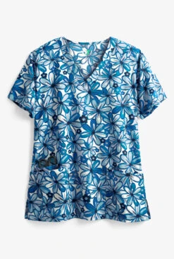 Green Town Forever Flowers Women's 3-Pocket V-Neck STRETCH Print Scrub Top