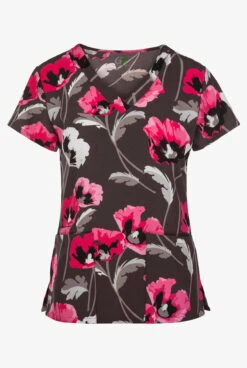 Green Town Pink Field Flowers Women's 3-Pocket STRETCH V-Neck Print Scrub Top