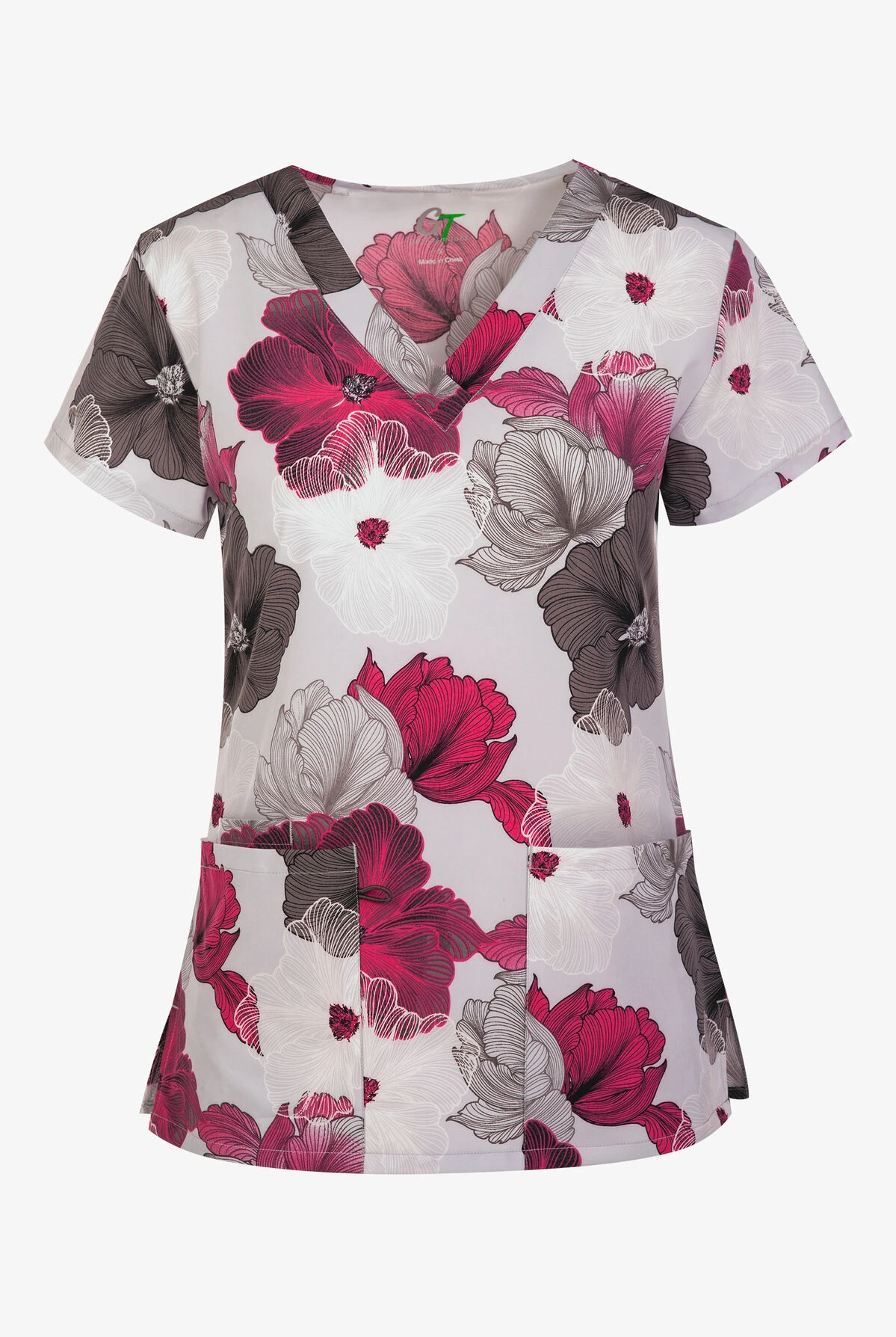 Green Town Pink Lined Floral V-Neck Print Scrub Top 1 Green Town Pink Lined Floral V-Neck Print Scrub Top