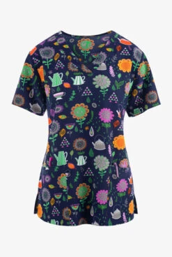 Green Town Rustic Tea Party Floral Women's 3-Pocket STRETCH V-Neck Print Scrub Top