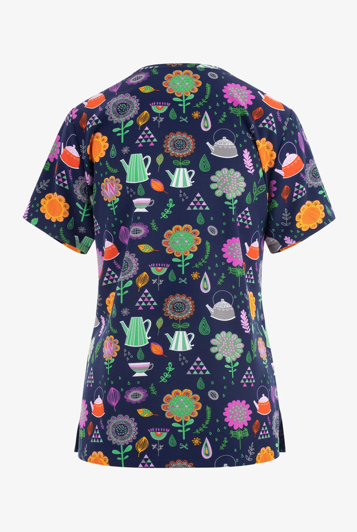 Green Town Rustic Tea Party Floral Women's 3-Pocket STRETCH V-Neck Print Scrub Top 2 Green Town Rustic Tea Party Floral Women's 3-Pocket STRETCH V-Neck Print Scrub Top - Image 2