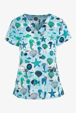 Green Town Seahorse Shellfish Women's 3-Pocket STRETCH V-Neck Print Scrub Top