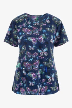 Green Town Whimsical Splatter Butterfly Women's 3-Pocket STRETCH V-Neck Print Scrub Top