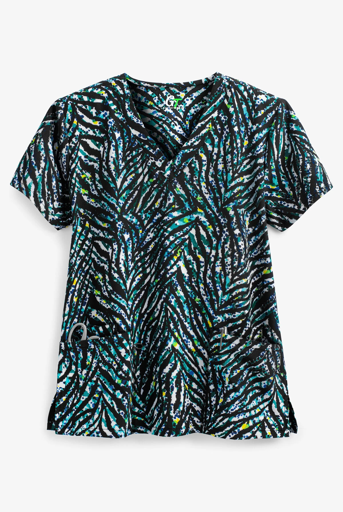 Green Town Wild Side Women's 3-Pocket V-Neck STRETCH Print Scrub Top 1 Green Town Wild Side Women's 3-Pocket V-Neck STRETCH Print Scrub Top